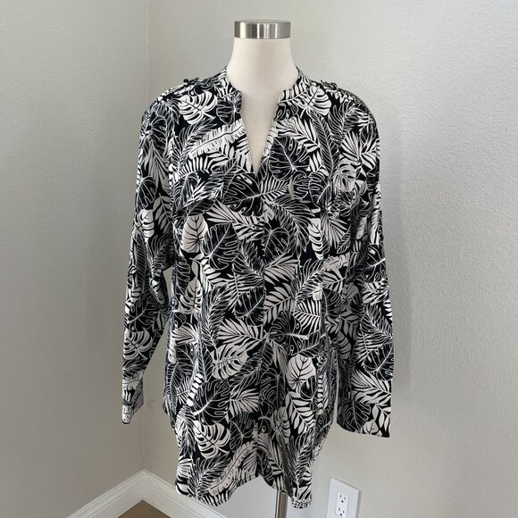 Calvin Klein Womens Plus 2X Black White Leaf Tropical Blouse Linen Blend Shirt - Picture 1 of 11